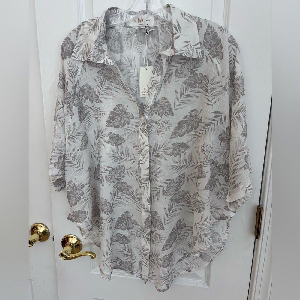 The ish Label,  Light Gray and White Leaf Print Button-Up Shirt